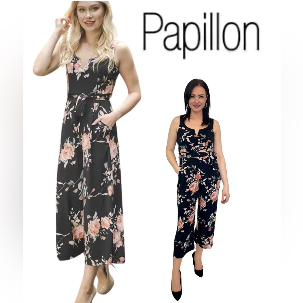 Papillon Black Floral Sleeveless Jumpsuit with Pink Roses Size L